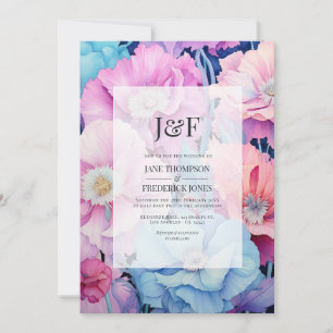 Aqua and Light Pink Floral Wedding Invitation