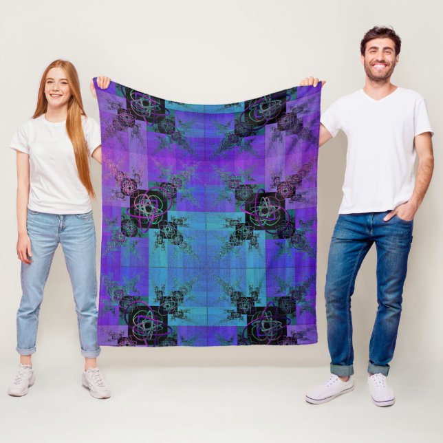 Aqua and Lilac Fractal Joy Fleece Blanket (In Situ)