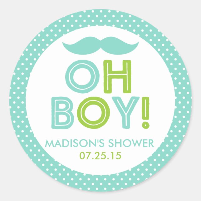 Aqua and Lime Green Polka Dot Oh Boy Baby Shower Classic Round Sticker (Front)