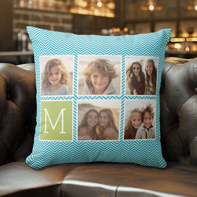 Aqua and Lime Instagram 5 Photo Collage Monogram Throw Pillow (Custom Pillow)