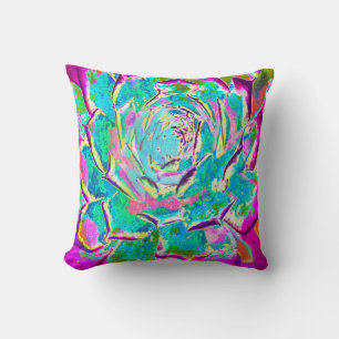 Aqua and Magenta Succulent Sedum Rosette Throw Pillow