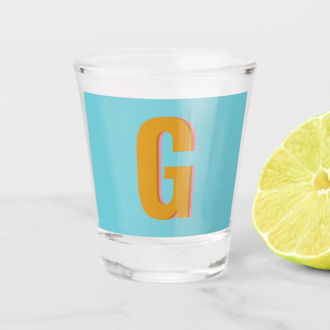 Aqua and Mustard Retro Typography Monogram Initial Shot Glass (Front)