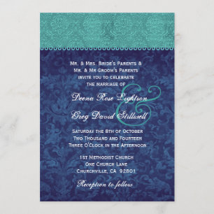 Aqua and Navy Blue Damask Two Tone Wedding V326 V2 Invitation