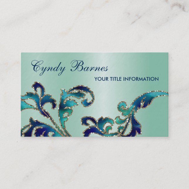 Aqua and Navy Damask Business Card (Front)