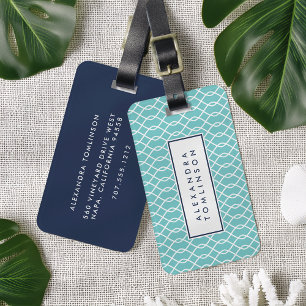 Aqua and Navy Lattice Pattern Luggage Tag