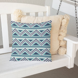 Aqua and Navy Modern Aztec Pattern Outdoor Outdoor Pillow