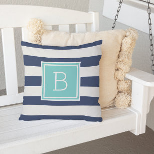 Aqua and Navy Stripe Monogram Outdoor Throw Pillow