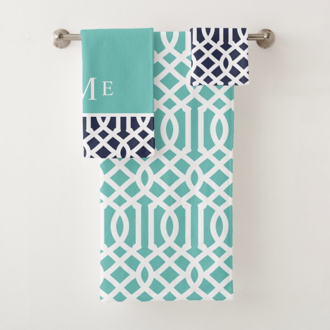 Aqua and Navy Trellis Monogram Bath Towel Set (Insitu)