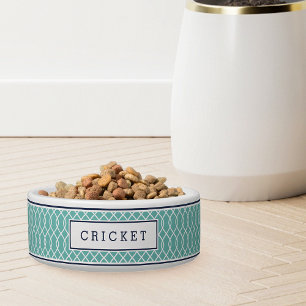 Aqua and Navy Trellis Pattern Dog Bowl