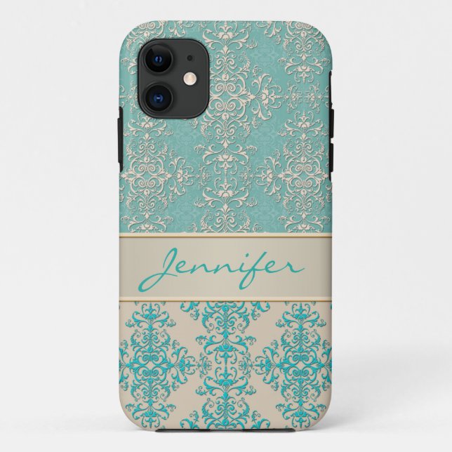 Aqua and Off White Fancy Damask Pattern Case-Mate iPhone Case (Back)