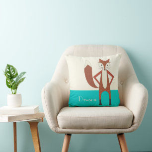 Aqua and Orange Personalized Stylized Fox Pillow
