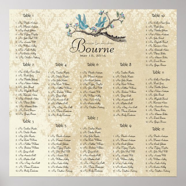 Aqua and Pink birds on branch seating chart (Front)
