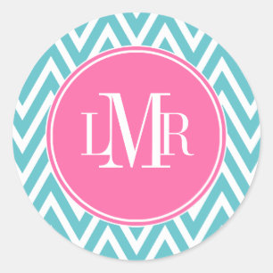 Aqua and Pink Chevrons Monogram Classic Round Sticker