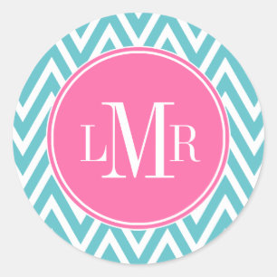 Aqua and Pink Chevrons Monogram Classic Round Sticker