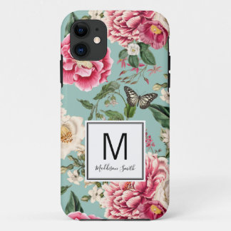 Aqua and Pink Floral Flower Garden Add Your Name iPhone 11 Case