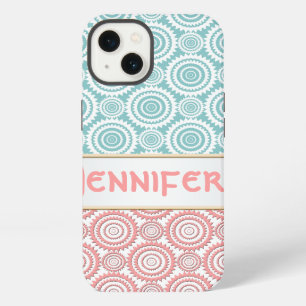 Aqua and Pink Girly Geometric Design Personalized iPhone 13 Case