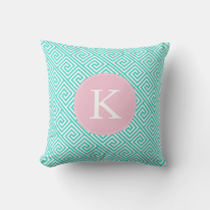 Aqua and Pink Greek Key Pattern Monogram Throw Pillow