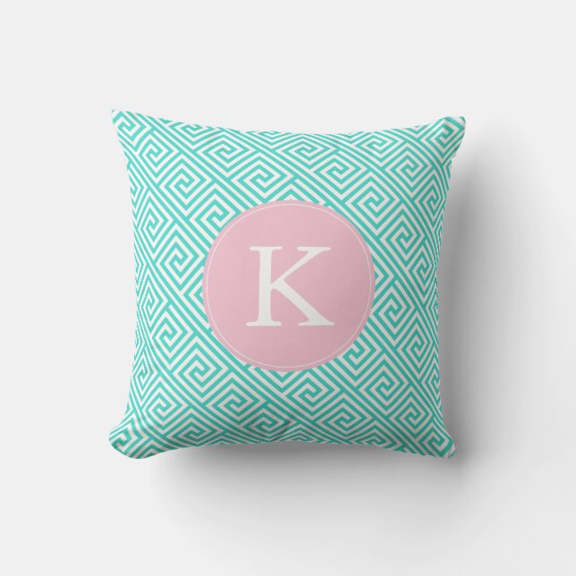 Aqua and Pink Greek Key Pattern Monogram Throw Pillow (Front)