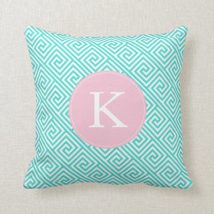 Aqua and Pink Greek Key Pattern Monogram Throw Pillow