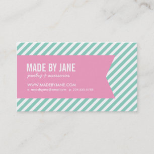Aqua and Pink Modern Stripes and Ribbon Business Card