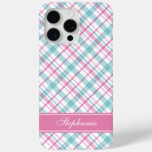 Aqua and Pink Plaid Pattern iPhone 15 Pro Max Case