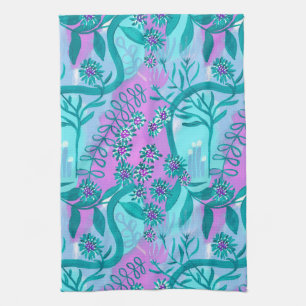 Aqua and Pink Whimsical Magic Garden  Kitchen Towel