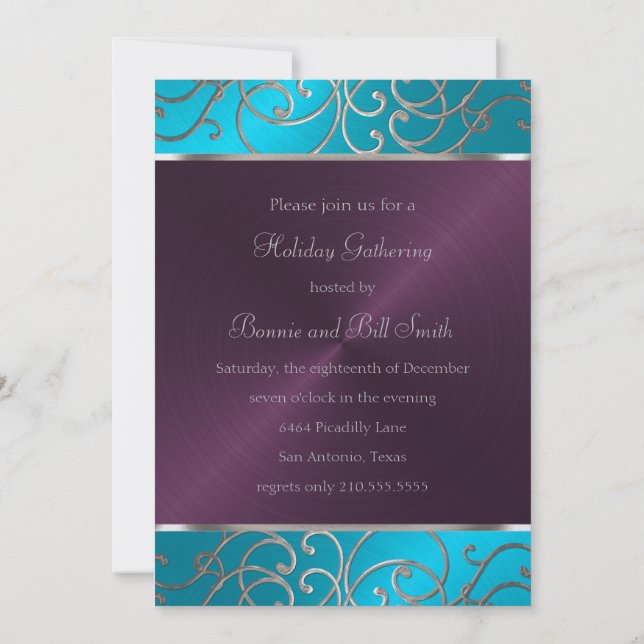 Aqua and Plum and Silver Holiday Party Invitation (Back)