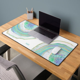 Aqua and Purple Agate Pattern with Monogram Desk Mat