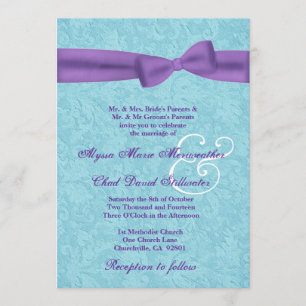 Aqua and Purple Damask and Bow Wedding R541 Invitation