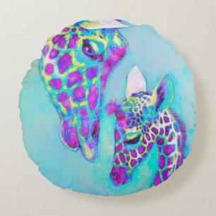 Aqua and purple giraffe round pillow