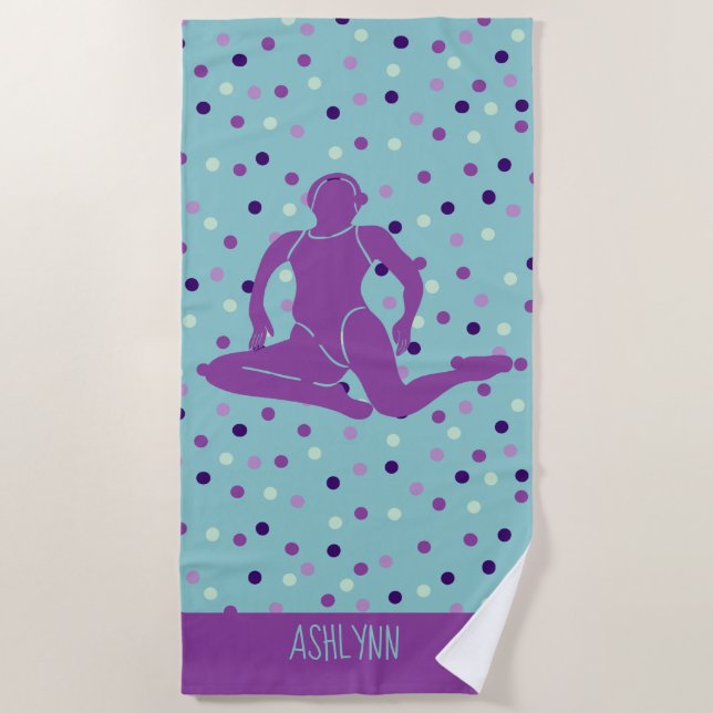 Aqua and Purple Synchronized Swimming Personalized Beach Towel (Front)