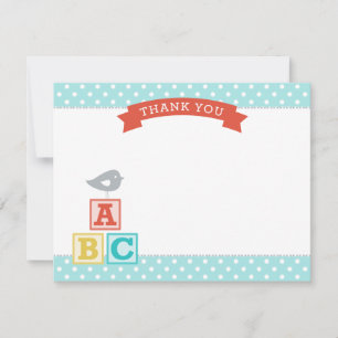 Aqua and Red ABC Blocks Bird Baby Shower Thank You Card