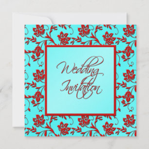Aqua and Red Floral Wedding Invitation II
