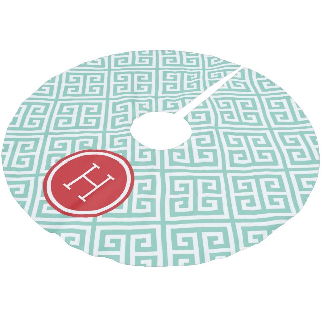 Aqua and Red Greek Key Monogram Brushed Polyester Tree Skirt (Angled)