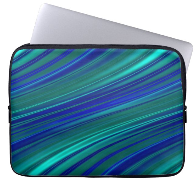 Aqua and royal blue wavy stripes laptop sleeve (Front)