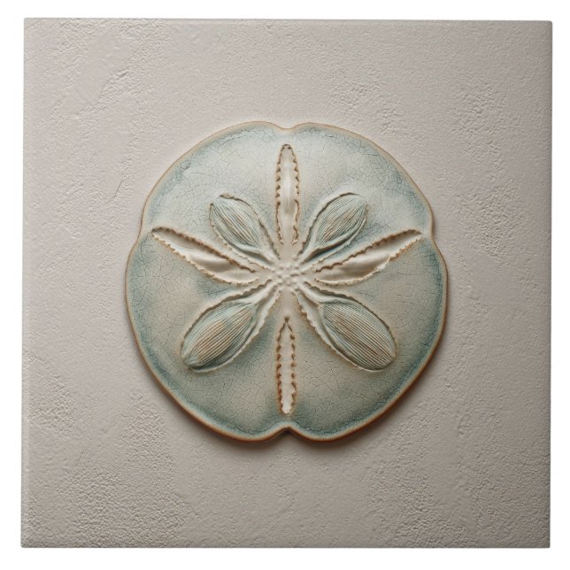 Aqua and Sand Coastal Sand Dollar Relief Artwork Tile (Front)