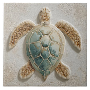 Aqua and Sand Coastal Sea Turtle Art Tile