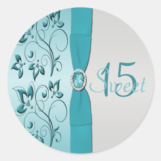 Aqua and Silver Floral Quinceanera Sticker (Front)