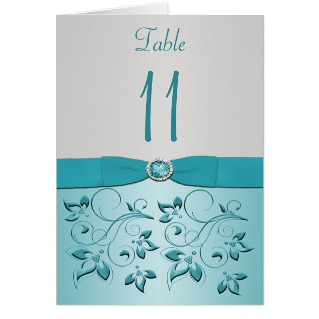Aqua and Silver Floral Table Number Card (Front)