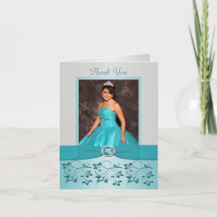 Aqua and Silver Floral Thank You card with Photo