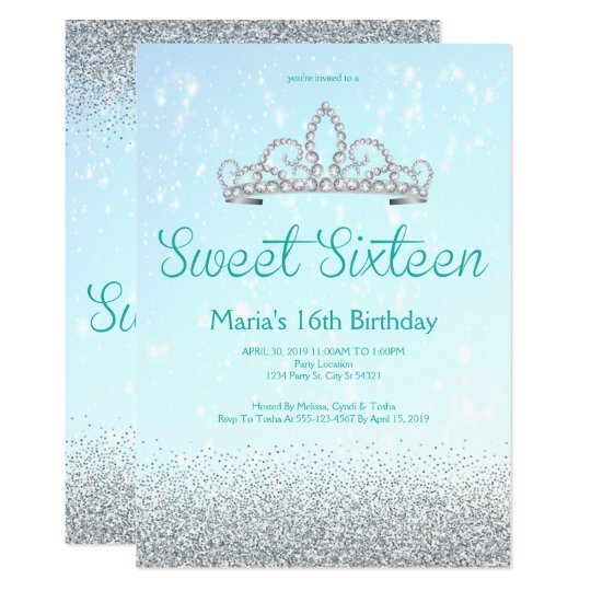 Aqua and Silver Glitter Sweet Sixteen Invitations