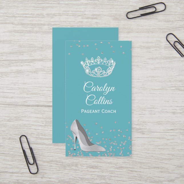 Aqua and Silver Pageant Coach Business Card (Front/Back In Situ)