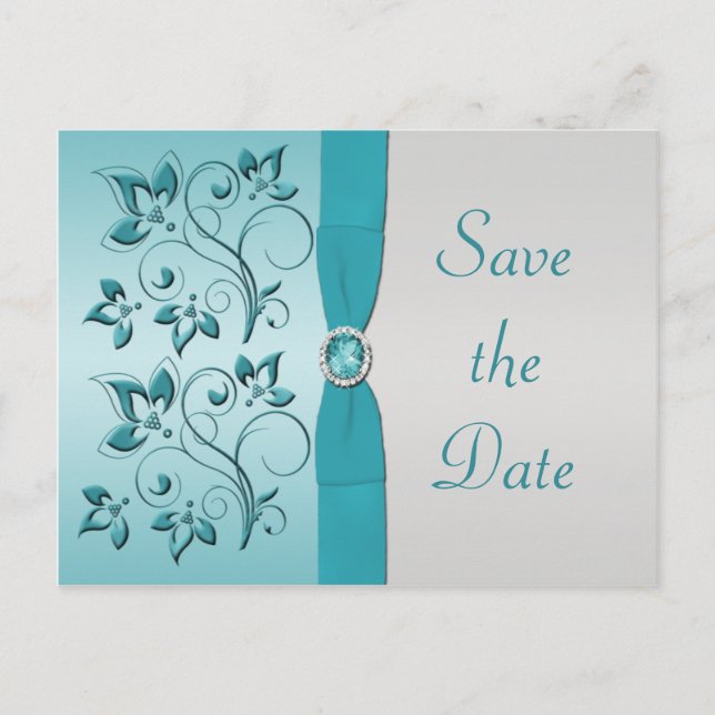 Aqua and Silver Quinceanera Save the Date Card (Front)