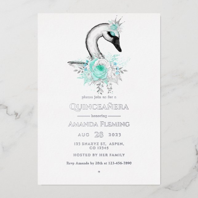 Aqua and Silver Swan Quinceañera Foil Invitation (Front)