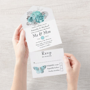 Aqua and Silver Vintage Shabby Roses Wedding All In One Invitation