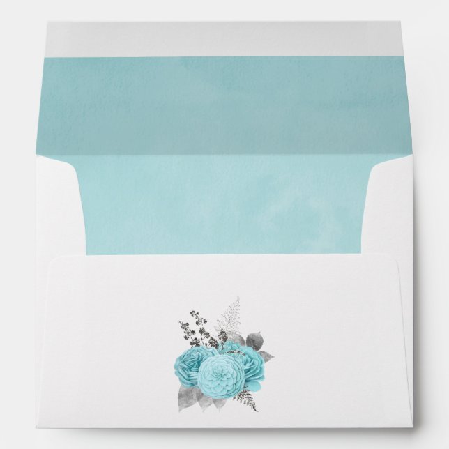 Aqua and Silver Vintage Shabby Roses Wedding Envelope (Back (Bottom))