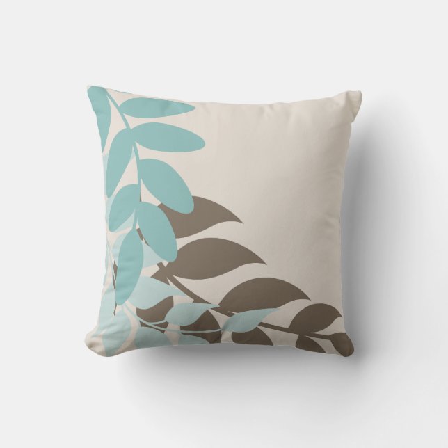 Aqua and Tan Mod Vines Throw Pillow (Front)