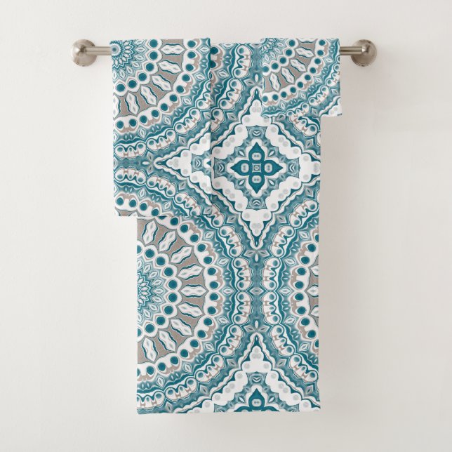 Aqua and Tan Modern Mandala Pattern Bath Towel Set (Insitu)