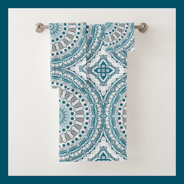 Aqua and Tan Modern Mandala Pattern Bath Towel Set (Creator Uploaded)