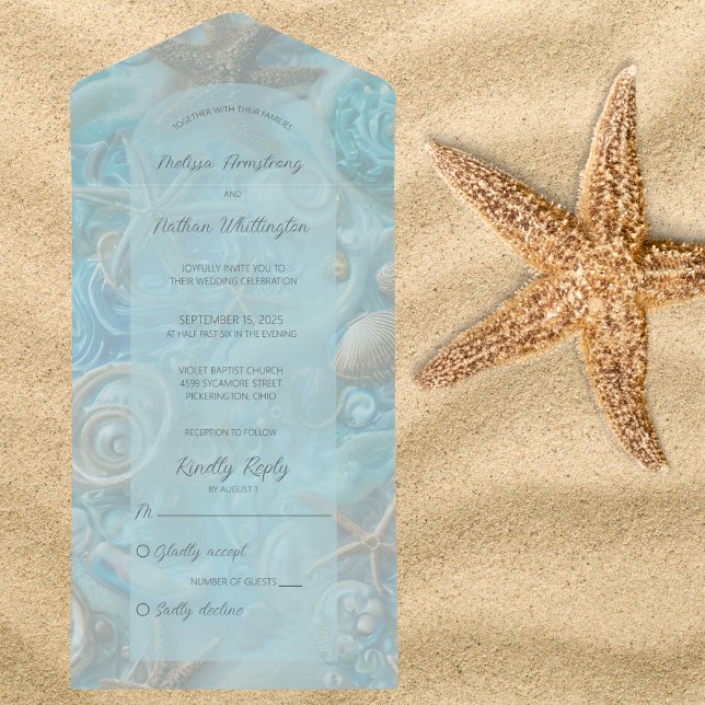Aqua and Tan Sea Shells & Starfish All In One Invitation (Available with QR code. )